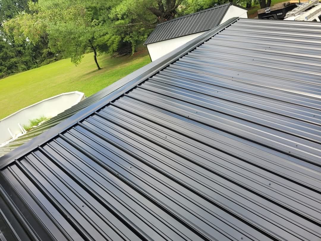 Close-up of a dark metal roof with horizontal lines. Green grass and trees are in the background.