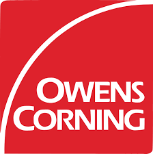 Owens Corning logo: white text on red background; white curved line across top left.