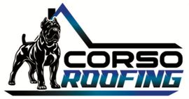 Corso Roofing logo with a black bulldog and blue roofline over bold black and blue text