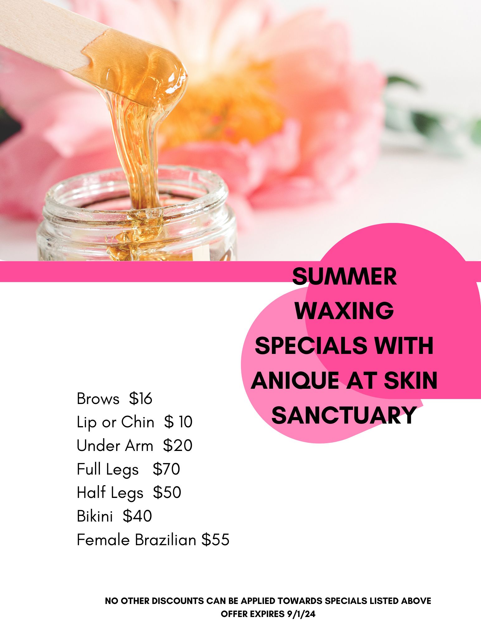A poster for summer waxing specials with unique at Skin Sanctuary Spa.