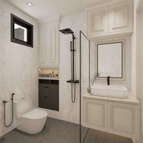 Modern accessible bathroom with wall-mounted toilet, walk-in shower, vanity, and beige tile.