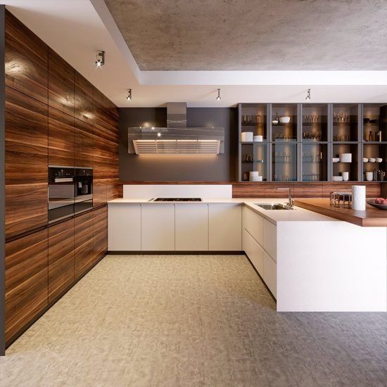 Modern minimalist kitchen with wood and white cabinetry, island, and built-in appliances