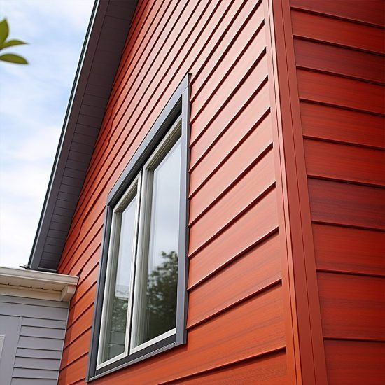 Red house exterior with gray-trimmed window and siding under a cloudy sky