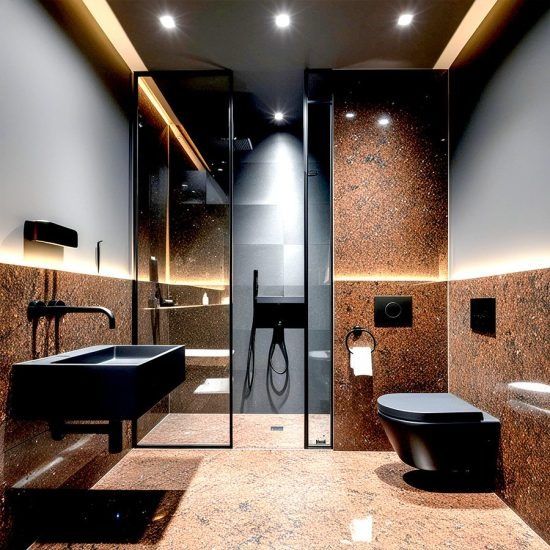 Modern black-and-copper bathroom with walk-in shower, wall-mounted sink, and toilet.