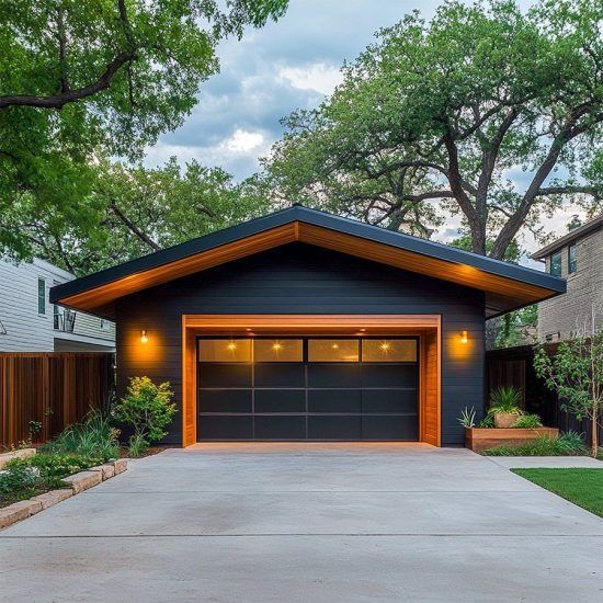 Modern black garage with warm lights, wood trim, and a concrete driveway in a tree-lined residential setting