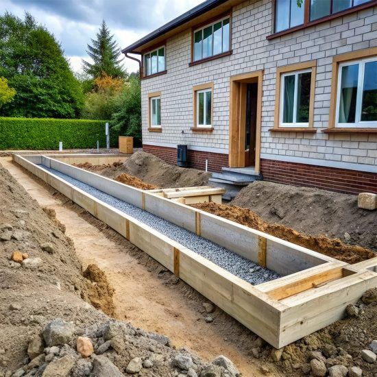 House exterior with a long concrete foundation trench under construction beside a white brick home