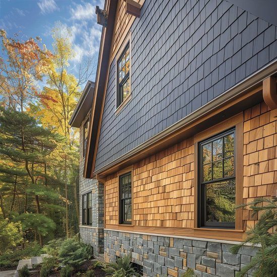 Modern house exterior with wood shingles, stone foundation, and autumn trees nearby
