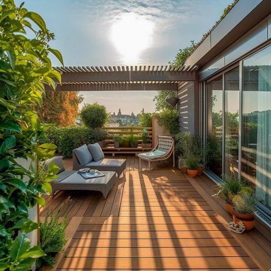 Sunlit modern patio with lounge chairs, wooden deck, potted plants, and a garden view.