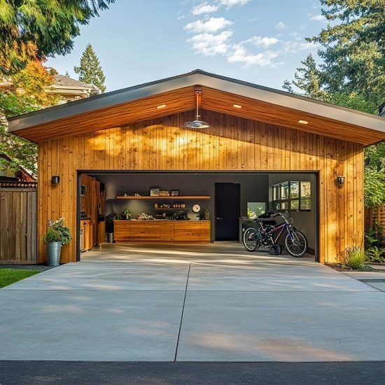 Wood-sided modern garage with open doors, concrete driveway, and bicycles inside under a gabled roof.