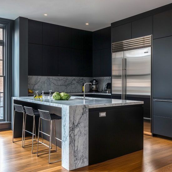 Modern black kitchen with marble island, stainless steel appliances, and bar stools