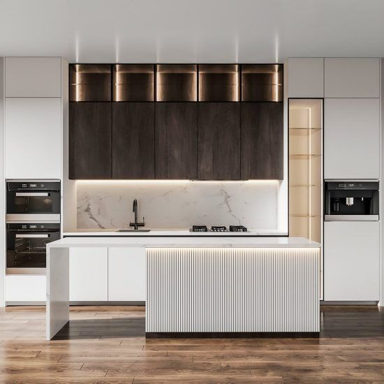 Modern minimalist kitchen with white cabinets, dark wood accents, marble backsplash, and central island