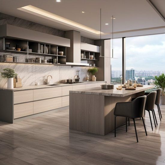Modern open-plan kitchen with light wood cabinets, island, bar stools, and city view through large windows
