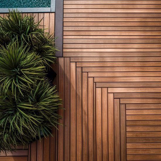 Wooden deck with diagonal plank pattern beside a dense green shrub and horizontal siding