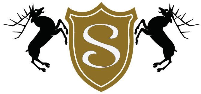 Black deer silhouettes flanking a gold shield with a white S monogram