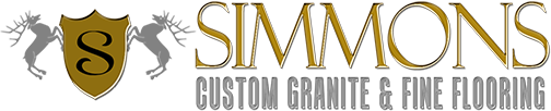 Simmons Custom Granite & Fine Flooring logo with gold shield and gray winged accents