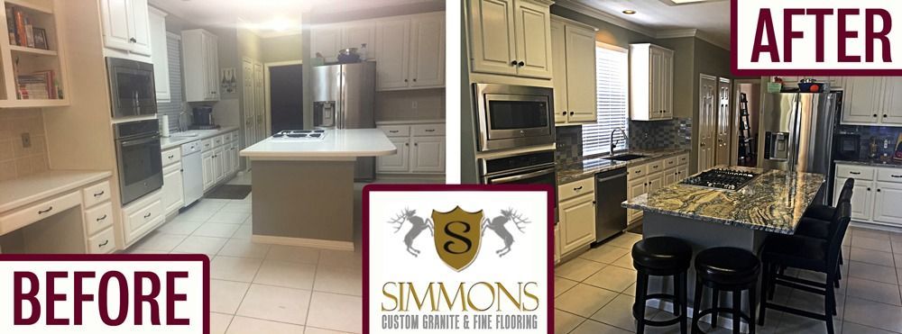 Before-and-after kitchen remodel: dated beige kitchen transformed into dark, modern kitchen with island and pendant lights