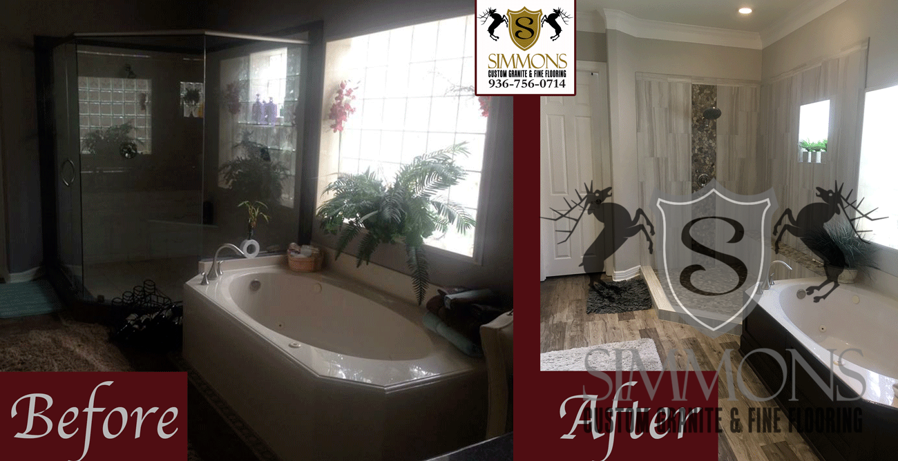 Before-and-after bathroom remodel: dark tub area transformed into a bright white shower with decorative wall art.