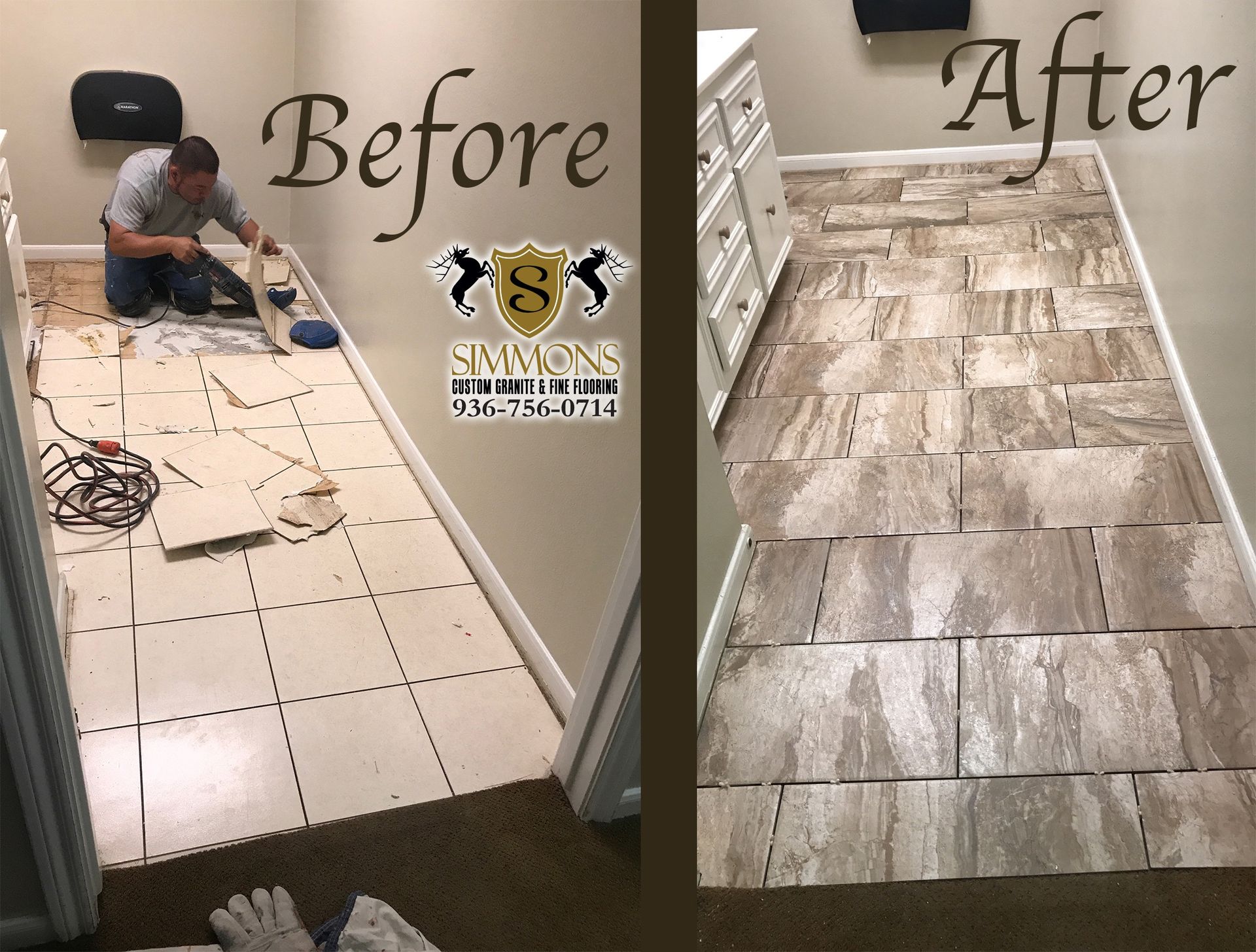 Before-and-after hallway floor renovation: damaged tile on left, wood-look flooring on right