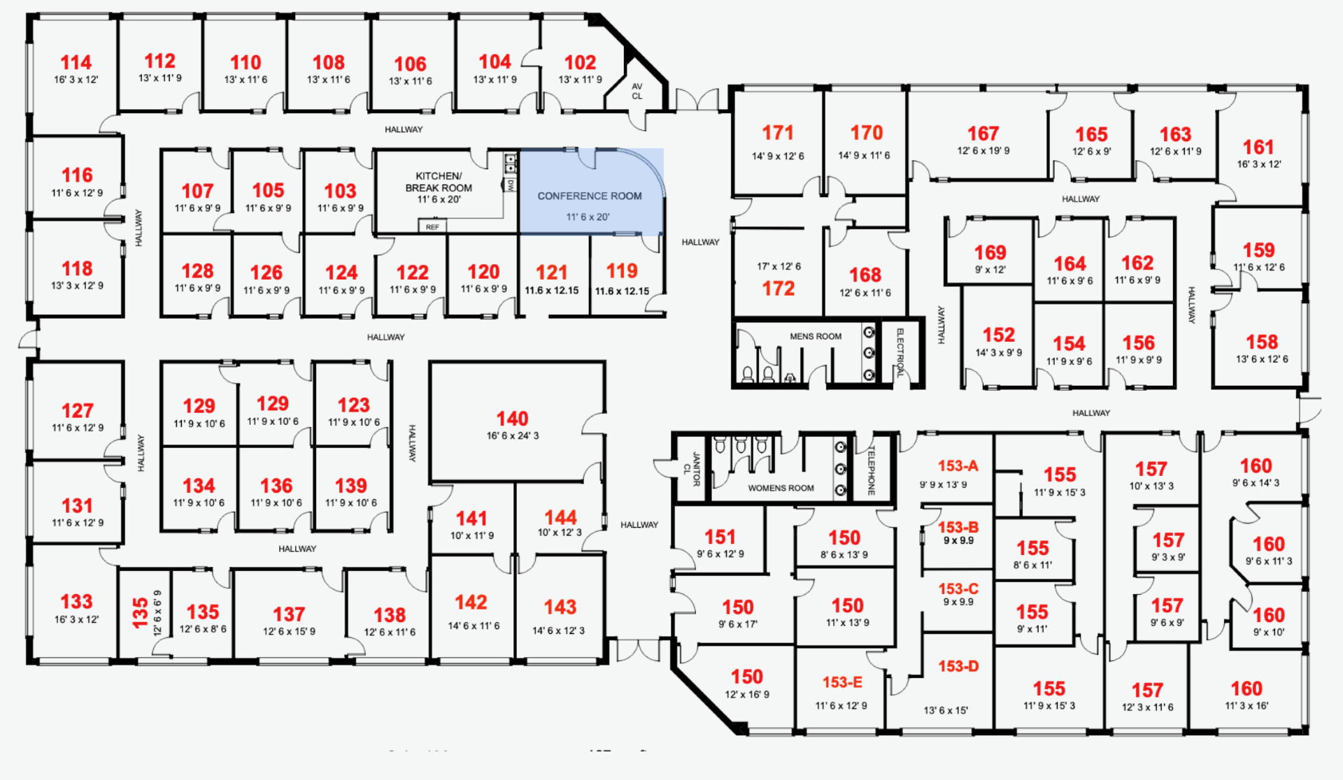 Floor plan of an office building with numbered rooms, hallways, and a conference room.