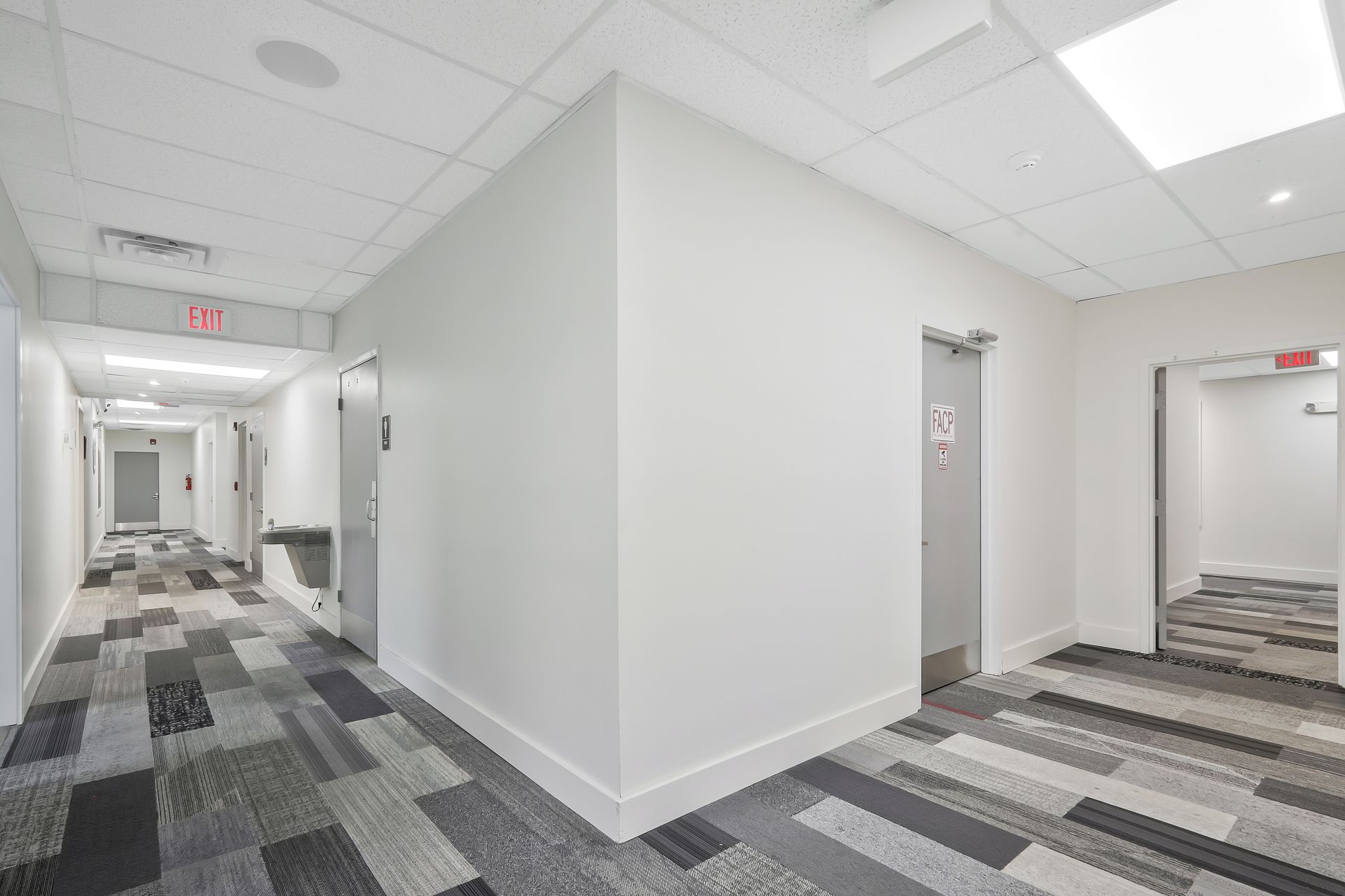 Hallway with white walls, carpeted floor, doors, and overhead lights.