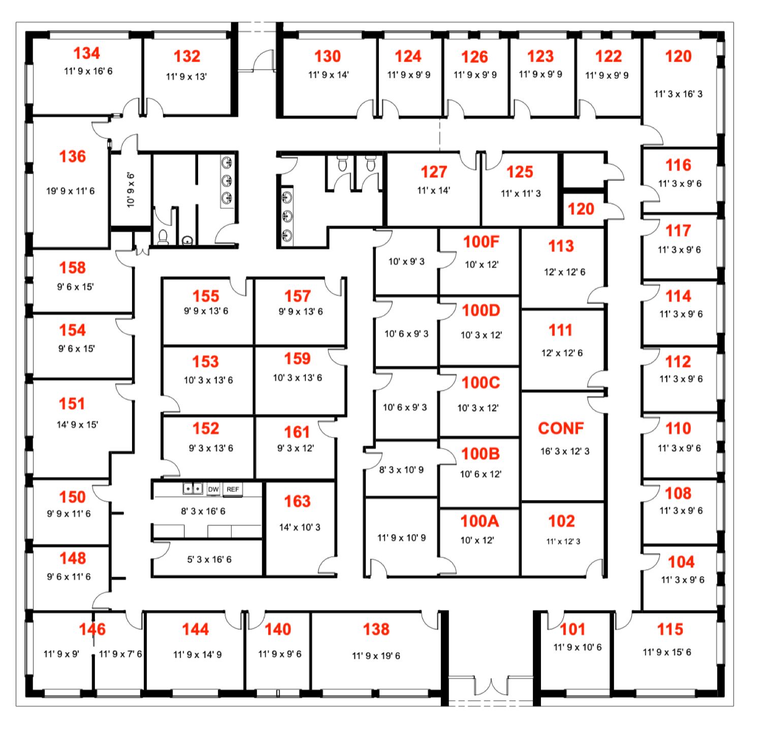 Floor plan of an office building with numbered rooms, hallways, and a conference room.