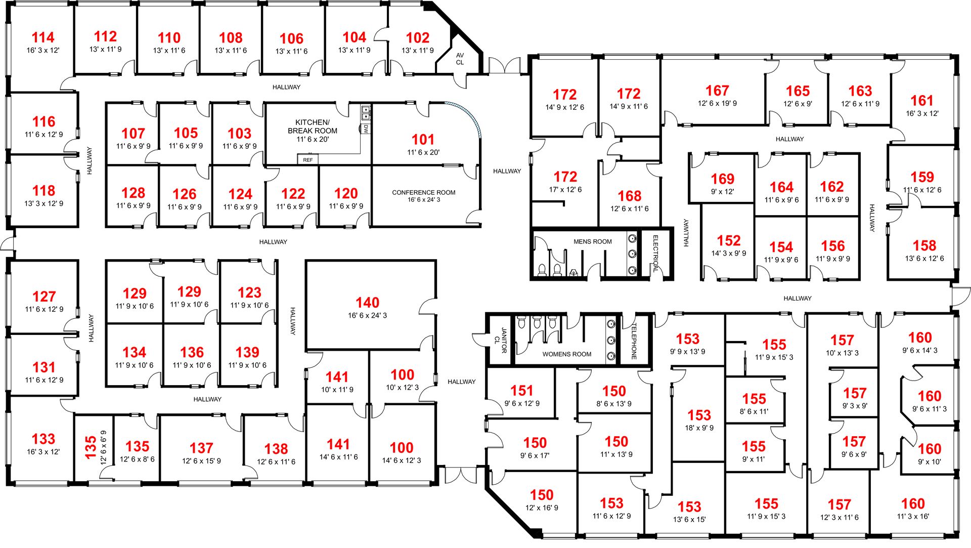 Floor plan of a building with numerous numbered rooms and hallways.