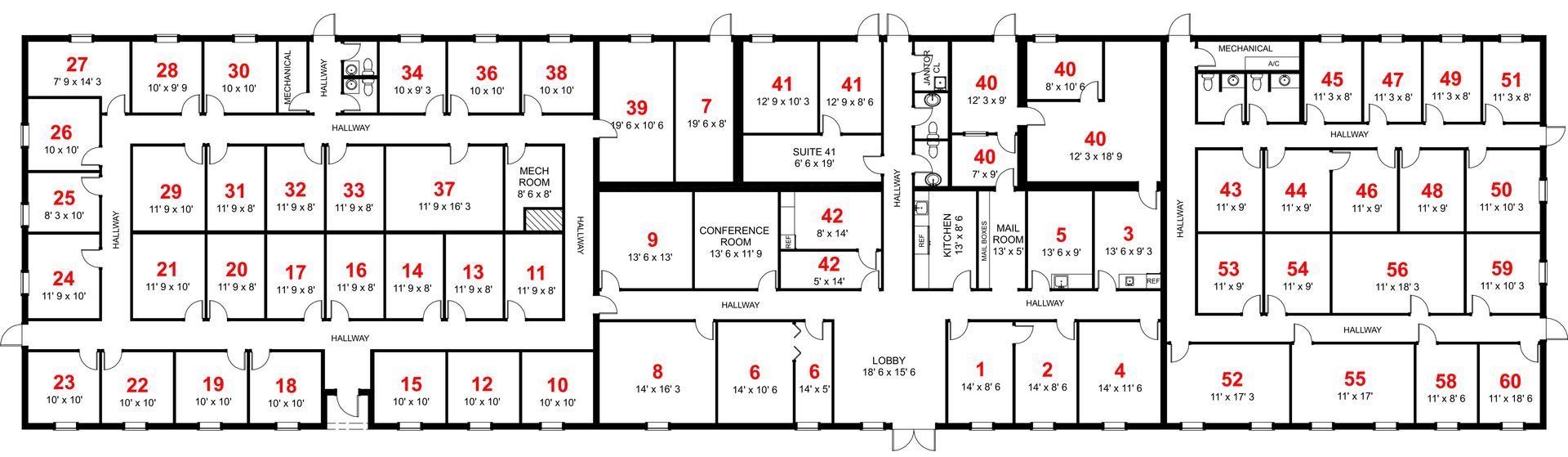 Floor plan of a building with numerous rooms labeled with numbers, likely a hospital or office.