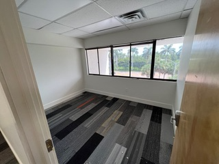 Empty office room with multi-colored carpet, windows, and a partially open door.