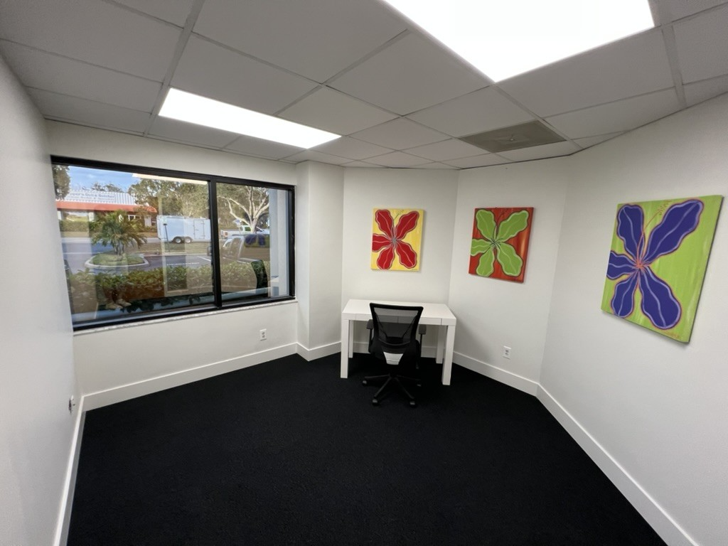 Empty office room with black carpet, white walls, desk, art, and a window.