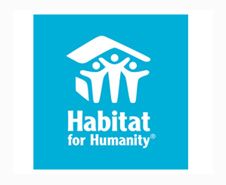 The Habitat for Humanity logo features three white stylized figures under a roof silhouette against a bright blue square.