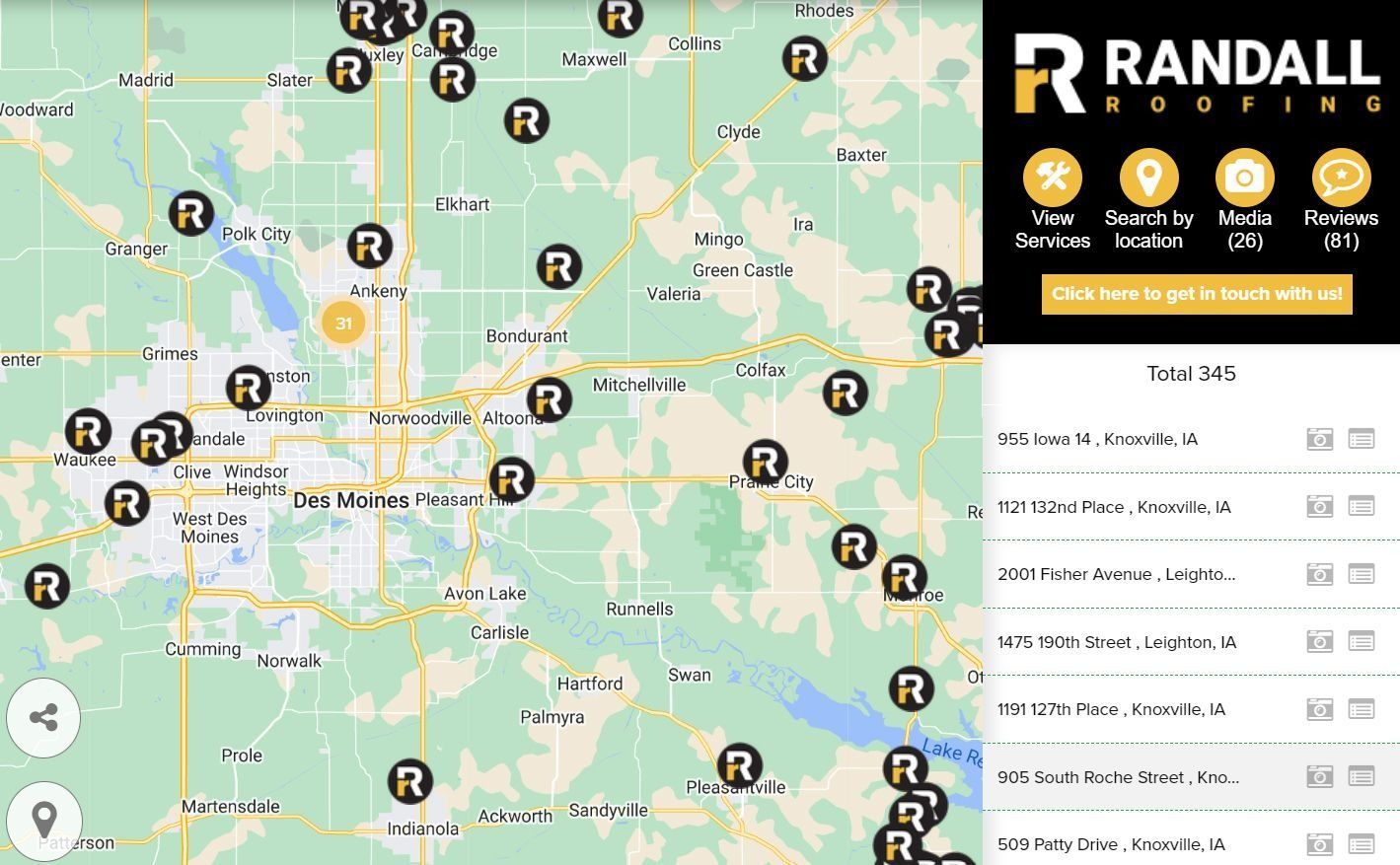 A map showing Randall Roofing project locations marked with