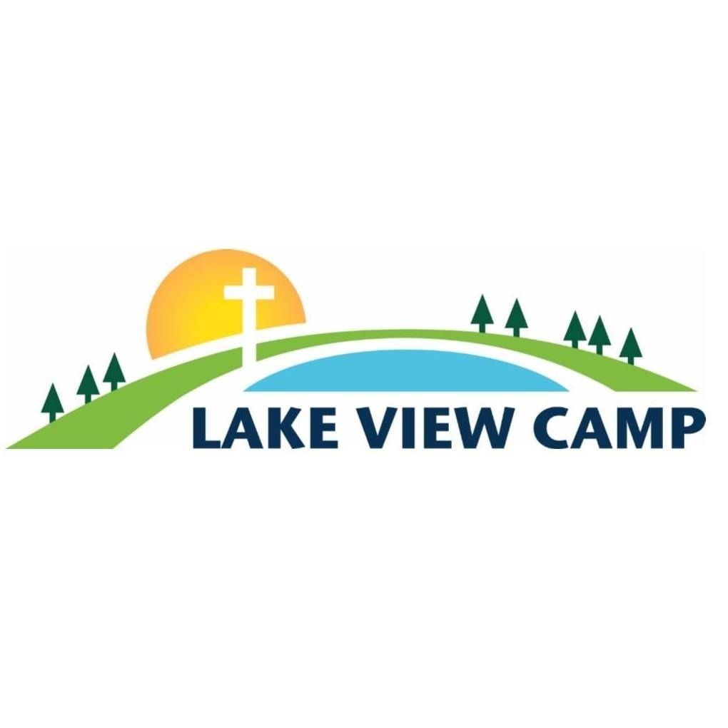 Logo for Lake View Camp featuring a stylized sun, a white cross, a blue lake, green hills, and evergreen trees.