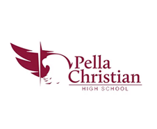 The Pella Christian High School logo features a maroon eagle head silhouette integrated with a wing and text.