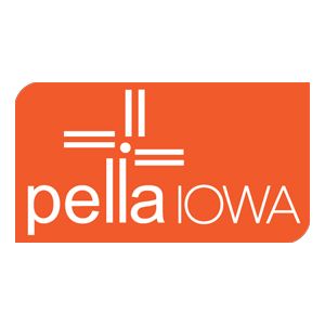The Pella, Iowa logo featuring a white windmill icon and text on an orange rectangular background with rounded corners.