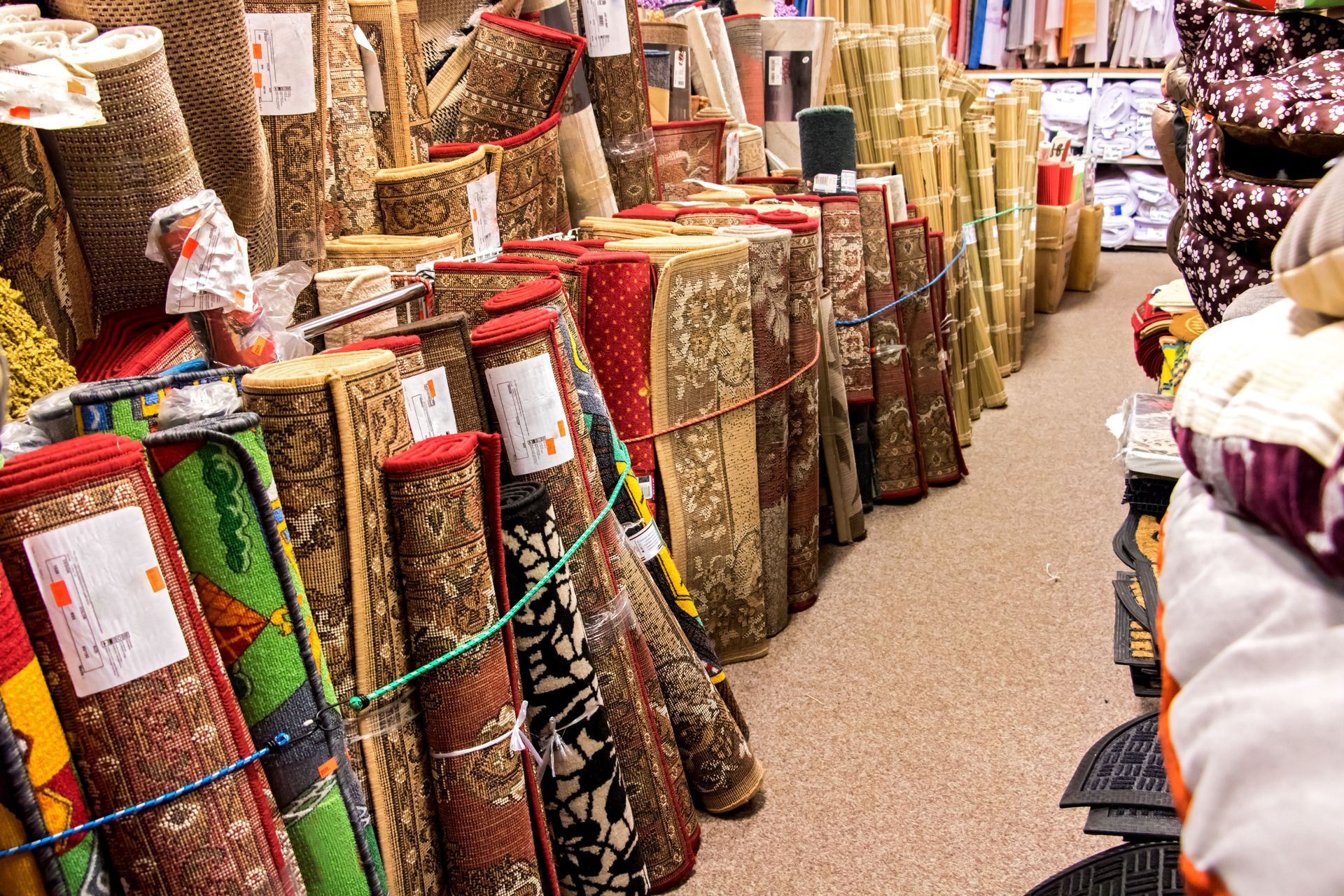 Rolled rugs of various colors and patterns displayed in a store.