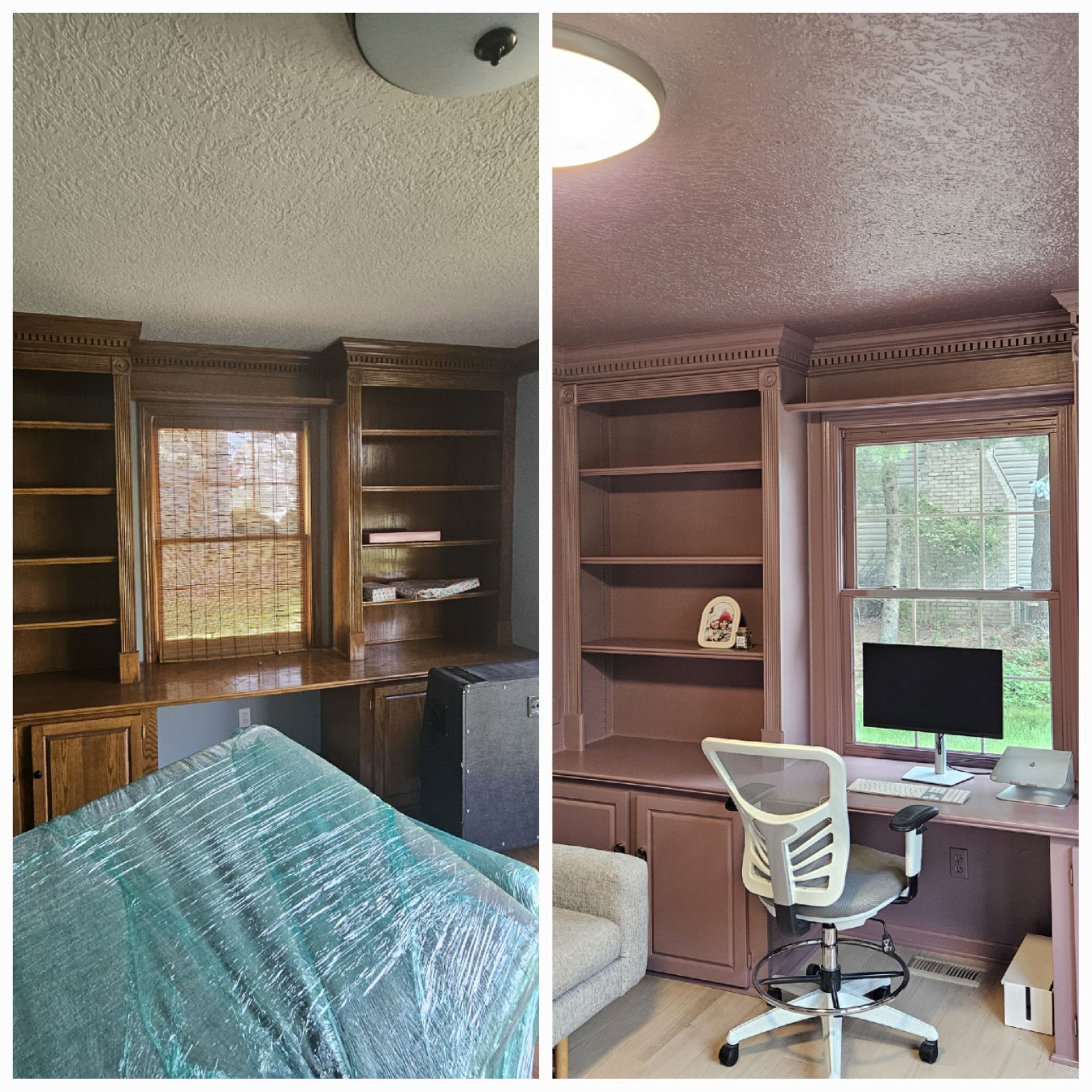 A before and after photo of a home office