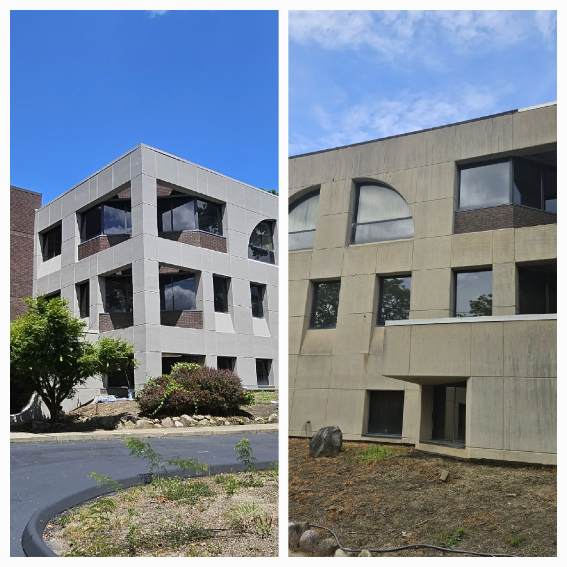 A before and after photo of a building with a lot of windows