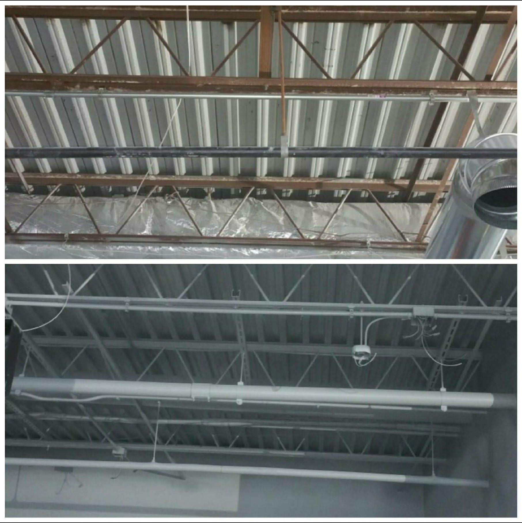 A before and after photo of a metal roof.