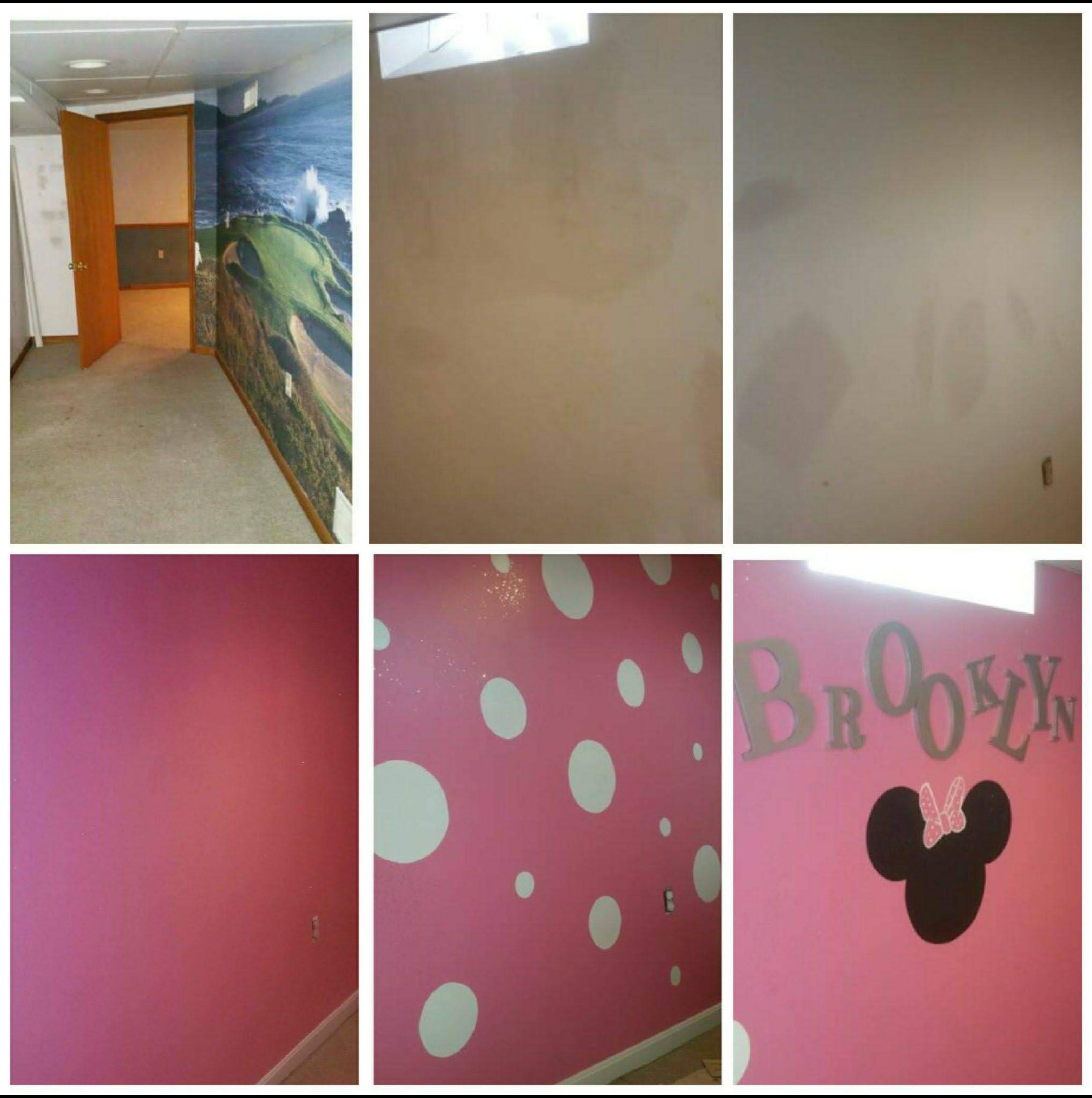 A collage of pictures of a room with the word brooklyn on the wall