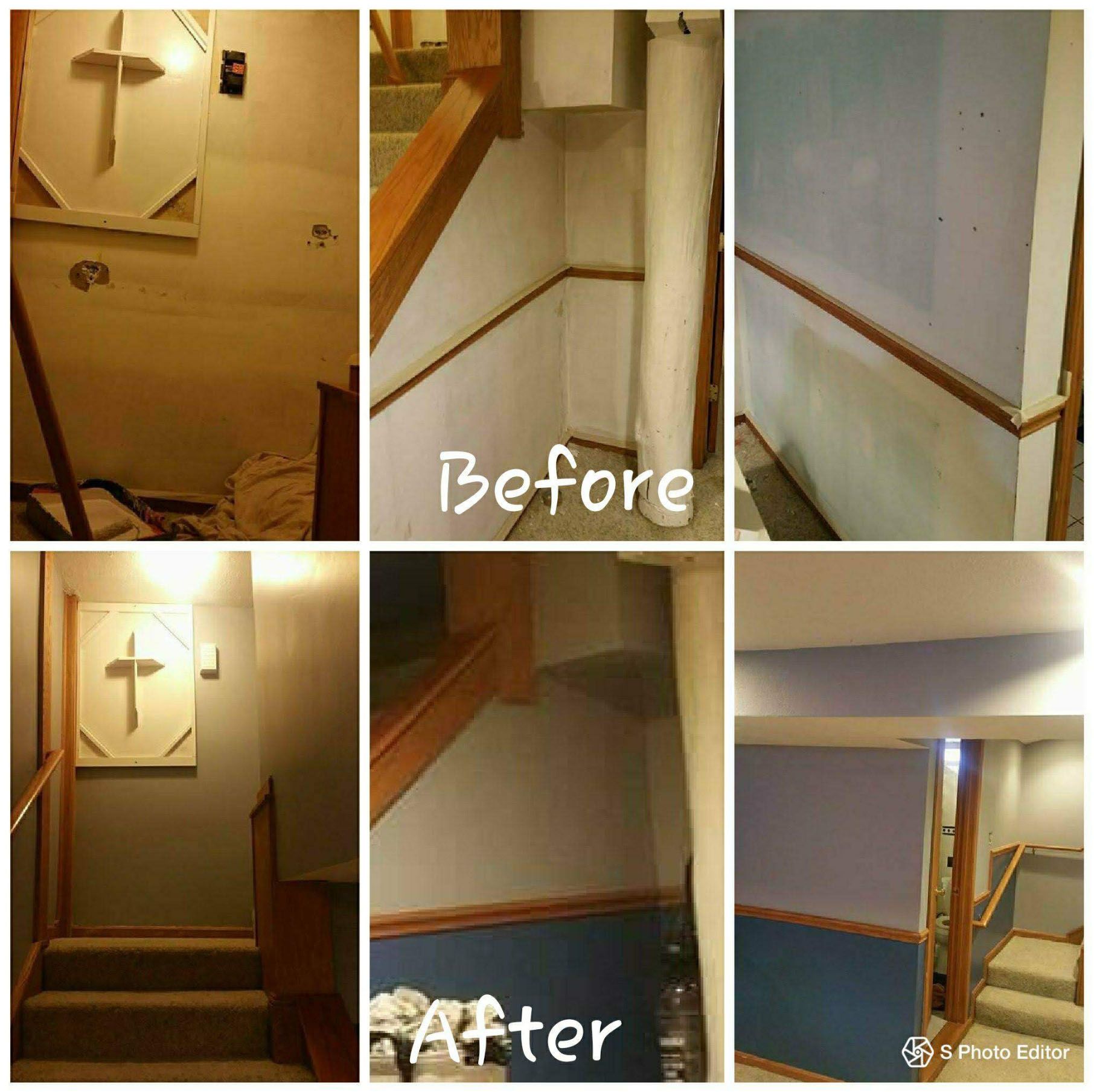 A before and after photo of a basement staircase