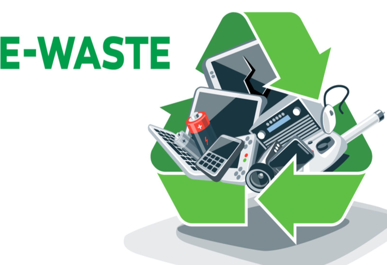 a green recycling symbol with electronic waste inside of it
