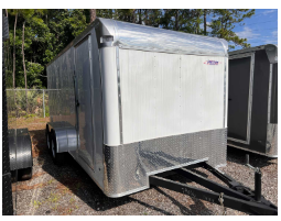 Enclosed cargo trailer, white panels, diamond plate front, black hitch, parked outdoors.