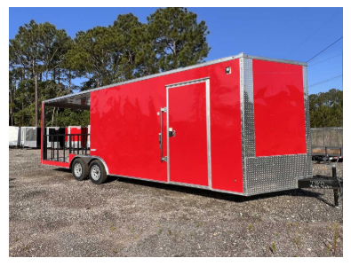 Red enclosed cargo trailer with silver trim on gravel lot.