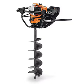 Orange and black gas-powered earth auger with a black auger bit, ready to drill.