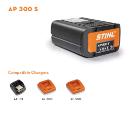 Stihl AP 300 S battery and compatible chargers AL 101, AL 300, and AL 500, with an orange and black color scheme.
