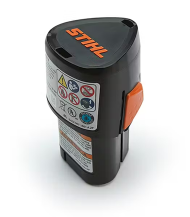 Black and orange STIHL battery, upright, angled top with logo, orange release button on side.