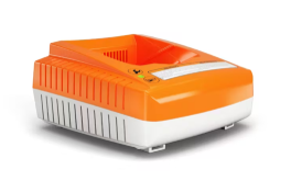 Orange and white battery charger with a slot on top.
