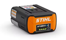 STIHL AP 300 S C battery, black and orange, with power level indicator.