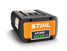 Stihl AP 200 battery, black and orange, with a green battery charge indicator.