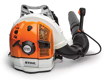 Orange and white Stihl backpack leaf blower with black tube.